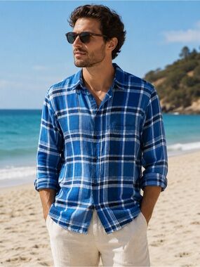 Men's Sporting Life Blue Plaid 100% Linen Button-Up Shirt